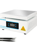 110V 1080W Soldering Hot Plate With LED Microcomputer Temperature Control For Pro Grade Precise Preheat And Rework In Lab 200X200mm Plate Easy Edge Protection Durable Body, shown with digital display and accompanying tweezers.