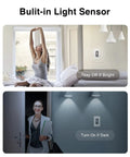 Built-in light sensor illustration for touchscreen smart dimmer switch, showing 'Stay Off If Bright' and 'Turn On If Dark' settings.