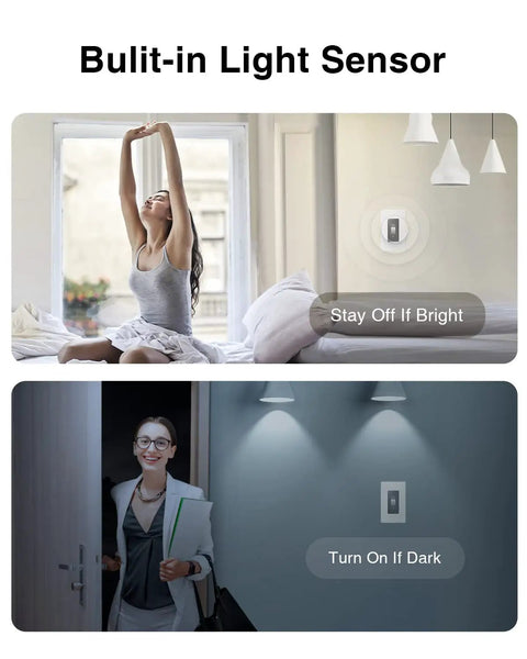 Built-in light sensor illustration for touchscreen smart dimmer switch, showing 'Stay Off If Bright' and 'Turn On If Dark' settings.