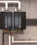 Built Heavy Duty Commercial Propane Tankless Water Heater Runs Straight Up Smooth With Powerful Condensing System Delivers Nine Gallons Per Minute Of Blazing Hot Water Perfect For Indoor Jobs And Non Stop Workflow. Two units installed with pipes and fittings.