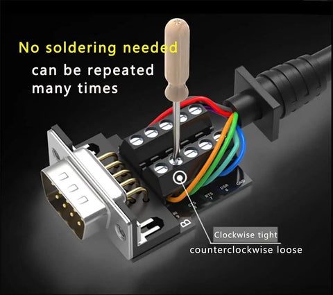No Soldering Needed DB9 Serial Adapters Kit 1 Male 1 Female D Sub 9 Pin Connector For RS232 RS485 DIY Cable Build, screwdriver shown