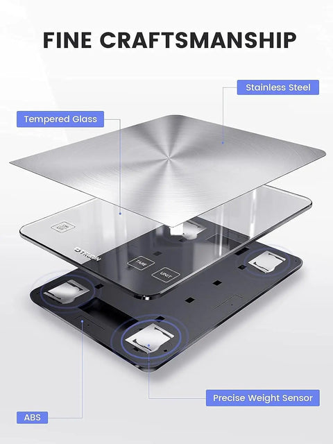 Exploded view of Smart 33 Lb Digital Kitchen Scale For Baking And Cooking, showing tempered glass, stainless steel platform, and sensors.