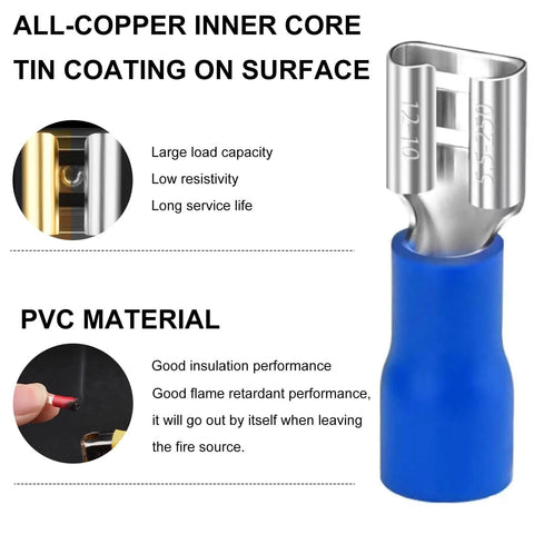 Blue Vinyl Insulated Female Spade Wire Connectors Quick Disconnects For Auto DIY Projects Sixteen To Fourteen AWG detail