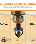 Five Piece HSS Countersink Drill Bit Set With Hex Shank For Wood And Metal, One Quarter Inch To Three Quarter Inch Sizes, Deburring And Chamfering Bits, Pro Grade Durability, DIY Friendly, Gold And Black Finish showing countersink effect on wood