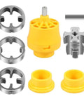 Heavy Duty PVC Pipe Threader Kit With 3 Precision Dies For Quick Cutting And Threading. Yellow plastic and silver metal dies.