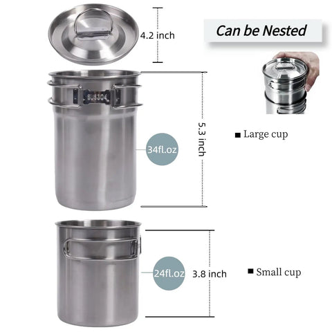 Two In One Camping Cup Set With 33oz Big Cup And 24oz Small Cup, 304 Stainless Steel Food Grade Cups, Vented Lid, stacked view