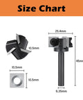 Heavy Duty CNC Router Spoilboard Flattening Bit With Replaceable Carbide Insert Blades Quarter Inch Shank size chart showing dimensions.