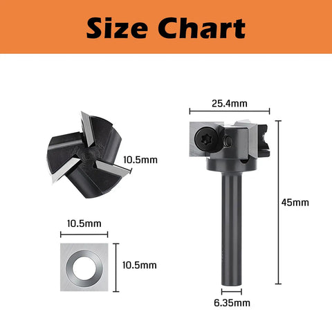 Heavy Duty CNC Router Spoilboard Flattening Bit With Replaceable Carbide Insert Blades Quarter Inch Shank size chart showing dimensions.