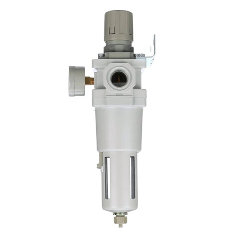 Front view of Saw600 N06BG Compressed Air Filter Regulator Piggyback Combo Three Quarter Inch NPT with Poly Bowl Manual Drain