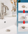 Vessel Sink Drain Pop Up Stopper With Built In Anti Clogging Strainer Brushed Nickel Finish next to faucet with example of its use