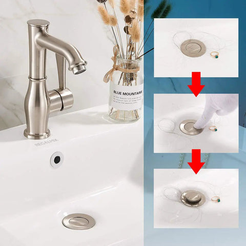 Vessel Sink Drain Pop Up Stopper With Built In Anti Clogging Strainer Brushed Nickel Finish next to faucet with example of its use