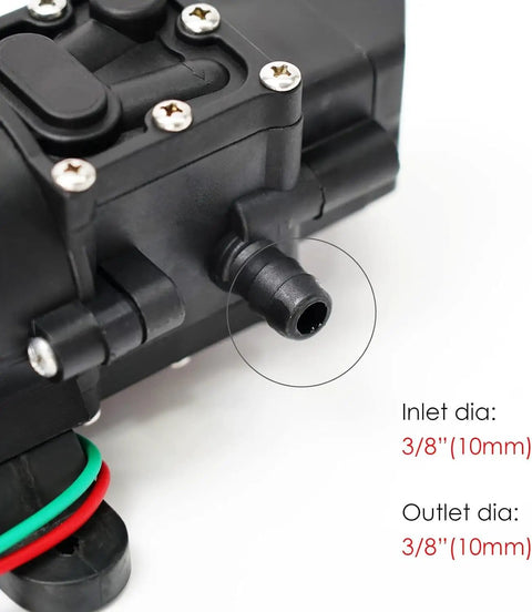 Close-up of 12V DC Fresh Water Pump Diaphragm Self Priming Sprayer Camping Ready For RV Boat Camper Marine Lawn 4.5 L Per Min 110 PSI