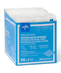 Heavy Duty Sterile Cotton Gauze Pads Bulk 100 Count Top Shelf Wound Dressings in blue packaging with 50 2x2 inch pads.