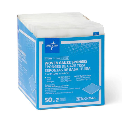 Heavy Duty Sterile Cotton Gauze Pads Bulk 100 Count Top Shelf Wound Dressings in blue packaging with 50 2x2 inch pads.