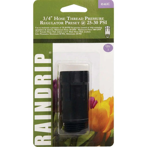 Packaged Three Quarter Inch Hose Pressure Regulator For Drip Irrigation, reduces water pressure to 25 to 30 PSI, black