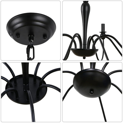 Close-up details of 8 Light Black Farmhouse Chandelier for Dining Room and Living Areas Rustic Industrial Iron Candle