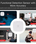 Smart 24GHz MmWave Motion Sensor With Zigbee Presence Detection showcasing various detection scenarios like sleeping and talking.