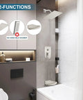 Brushed Nickel Tub And Shower Faucet Set With 8 Inch Rain Shower Head Waterfall Tub Spout Wall Mounted Rough In Valve And Trim Kit Included 2 Function Shower System Mixer installed in bathroom