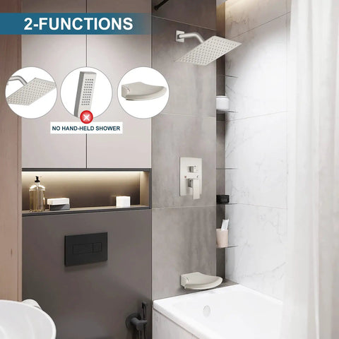 Brushed Nickel Tub And Shower Faucet Set With 8 Inch Rain Shower Head Waterfall Tub Spout Wall Mounted Rough In Valve And Trim Kit Included 2 Function Shower System Mixer installed in bathroom