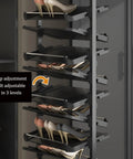 Slick Pull Out Shoe Rack For Mounted Closet With 17 Tier Adjustable Metal Shelves That Expand 33.5 Inches Deep showing adjustable tiers with stylish heels.