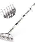Lawn Dethatching Rake With 15.6 Inch Wide Head And 20 Curved Tines, Heavy Duty Stainless Steel, 66 Inch Adjustable Handle