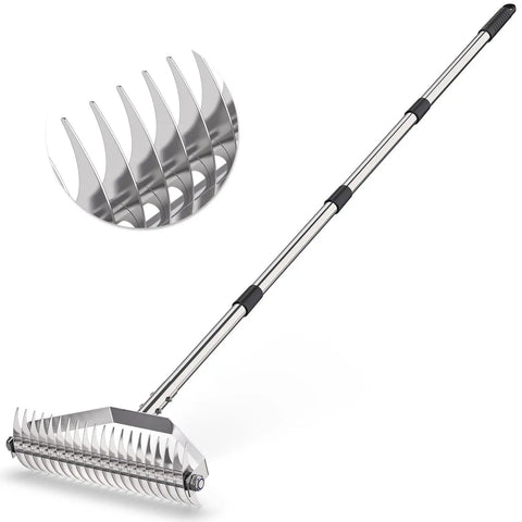 Lawn Dethatching Rake With 15.6 Inch Wide Head And 20 Curved Tines, Heavy Duty Stainless Steel, 66 Inch Adjustable Handle