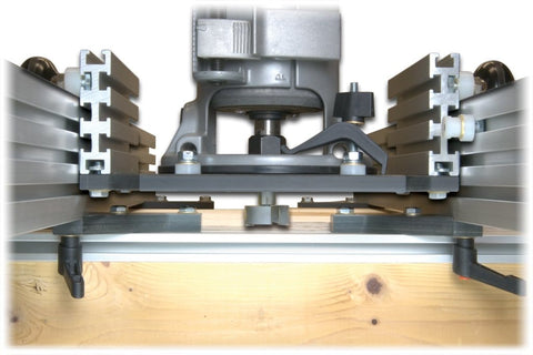 Close-up of a 27 Inch Router Sled For Planing And Slab Flattening With Ultra Track Aluminum Rails and aluminum components.