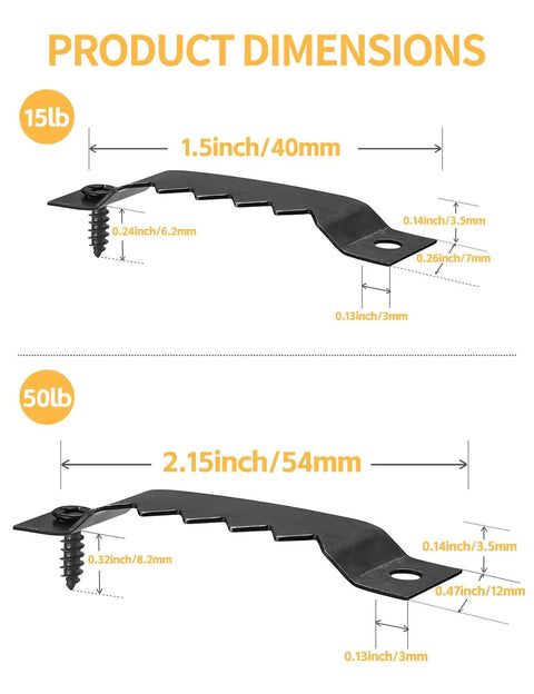 Heavy Duty Sawtooth Picture Hangers Lock Down Your Wall Art With Rust Resistant Steel Hooks For No Sweat Gallery Setup And Quick Decor Tweaks In Two Reliable Sizes, showing dimensions for 15lb and 50lb hooks.