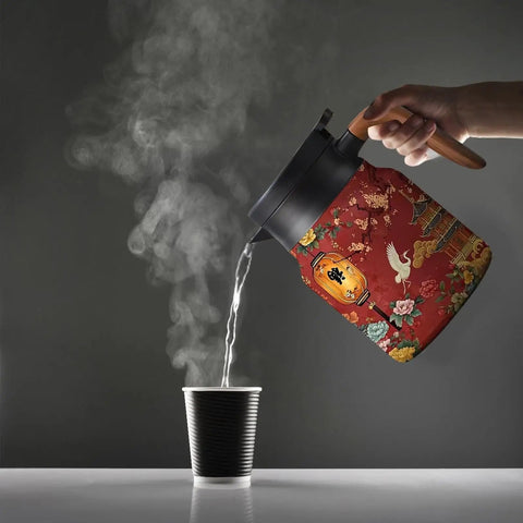 Vintage Floral Pattern Tea Pot With Built-In Infuser, pouring into cup, insulated stainless steel design, 800ml teapot
