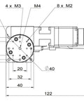 Technical diagram of Motorized Rotation Stage With Indexing Disc And Lens Rotary Table, dimensions and specifications shown