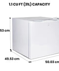 Hella Solid Upright Freezer One Point Two Cubic Feet White Compact Frost Vault dimensions shown for garage ready meat storage box.