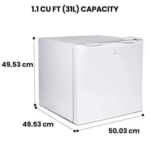 Hella Solid Upright Freezer One Point Two Cubic Feet White Compact Frost Vault dimensions shown for garage ready meat storage box.