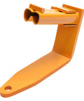 Close-up of an orange powder coated steel tie down from the 4 Pack Universal Stake Pocket Camper Tie Downs For Full Size Pickup Trucks, Heavy Duty Steel.