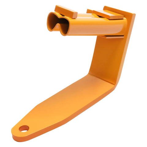 Close-up of an orange powder coated steel tie down from the 4 Pack Universal Stake Pocket Camper Tie Downs For Full Size Pickup Trucks, Heavy Duty Steel.