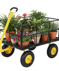 Heavy Duty Steel Garden Cart 1500 Lb Load, 3 In 1 Utility Wagon With Removable Mesh Sides, loaded with potted plants on all terrain wheels