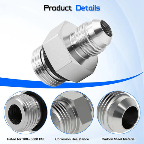 Hydraulic Hose Connector Adapter 3/8 Inch JIC 37 Degree Male To 5/8 Inch SAE ORB Male Heavy-Duty Straight Fitting For Leak-Free JIC To ORB Connections In Hydraulic Lines. carbon steel straight adapter with threaded ends