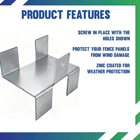 Four Piece No Drill Fence Brackets With Gravel Board Clips, Metal Anti Rattle Hardware showing protective zinc coating