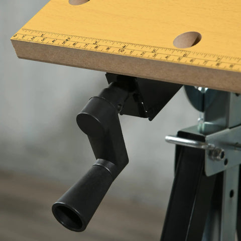 Tough As Nails Adjustable Work Bench Tool Table With Four Heavy Duty Clamps And Six Position Tilt Top, viewed from above showing adjustable handle.