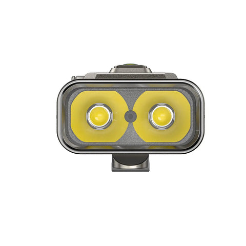 Front view of Ultra Lightweight Titanium EDC Flashlight with USB C Rechargeable Power, dual LED lens for a 700 Lumen Cool White Beam.
