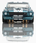 Front view of Shelby GT350R 1965 Donohue White Blue Slot Car With High Performance Traction Magnets Precision Balanced Chassis
