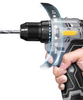 Grab And Go Cordless Electric Drill And Mini Screwdriver With Non Slip Grip And Fast Charge 16.8V Lithium Ion Battery close-up in hand.