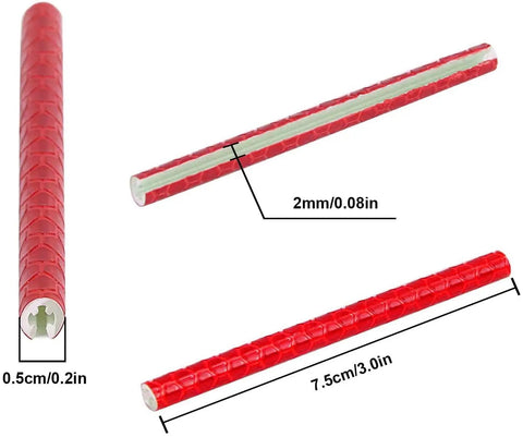72Pcs Spoke Reflectors Set for Night Riding Red Reflective spoke skins with measurements showing length, width, and material detail.