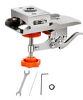 Front view of a silver 35mm woodworking hinge boring jig with orange knobs and a clamp lever; includes 4 accessories.