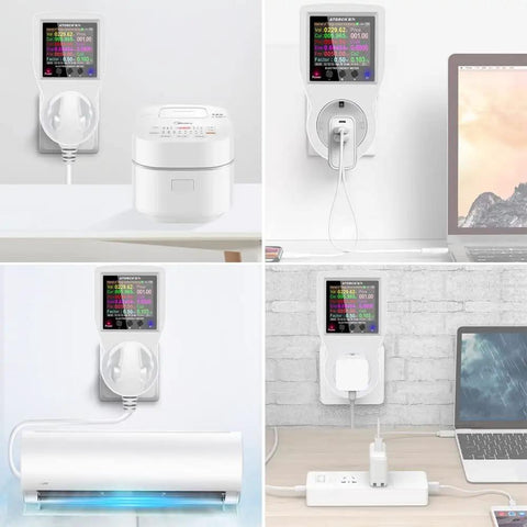 WiFi Watt Meter With Plug In US Socket Real Time Electricity Usage And Bill Stats Temperature Control Backlit 2.4 Inch Color Display Overload Protection Voltage And Current Tester Energy Monitor Timer Tuya Smart Life App Compatible, plugged into US outlet