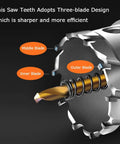 Close-up of Pro Grade Tungsten Carbide Hole Saw Kit For Hard Metal, showing three-blade design of titanium plated TCT cutter.