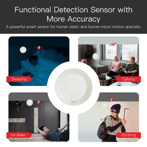 Zigbee 24GHz MmWave Presence Sensor With Body Motion And Static Detection, Luminance Sensing, 16A Relay, Works With Tuya Smart Life featured in various scenarios