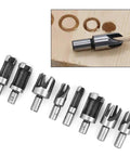 High Carbon Steel Wood Plug Cutter And Dowel Maker Tool Fits Bench Drills And Electric Drills set of eight bits on a wooden background.