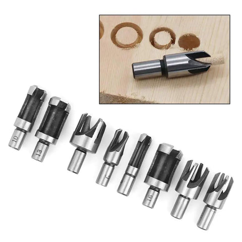 High Carbon Steel Wood Plug Cutter And Dowel Maker Tool Fits Bench Drills And Electric Drills set of eight bits on a wooden background.