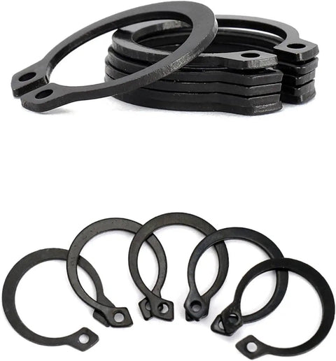 External Retaining Ring Set 20 Pcs In 58, 60, 62, 65, 68 Mm, 65Mn Spring Steel, Black Plated Snap Circlip Kit displayed in stack