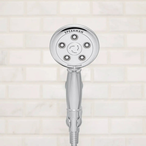 Chelsea Anystream 360 Multi Function Handheld Shower Head With 2.5 GPM Flow Polished Chrome Finish against tile background